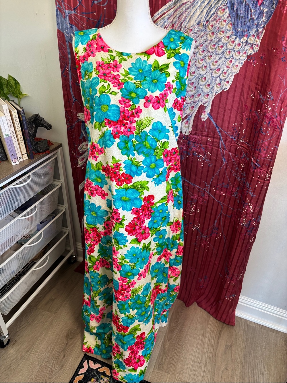 Vintage Floral Maxi Dress in Turquoise, Pink & Cream